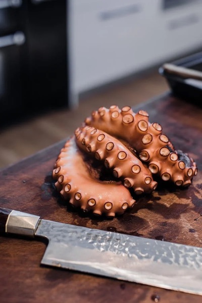 Gegrilde octopus met teriyaki en limoen-hummus